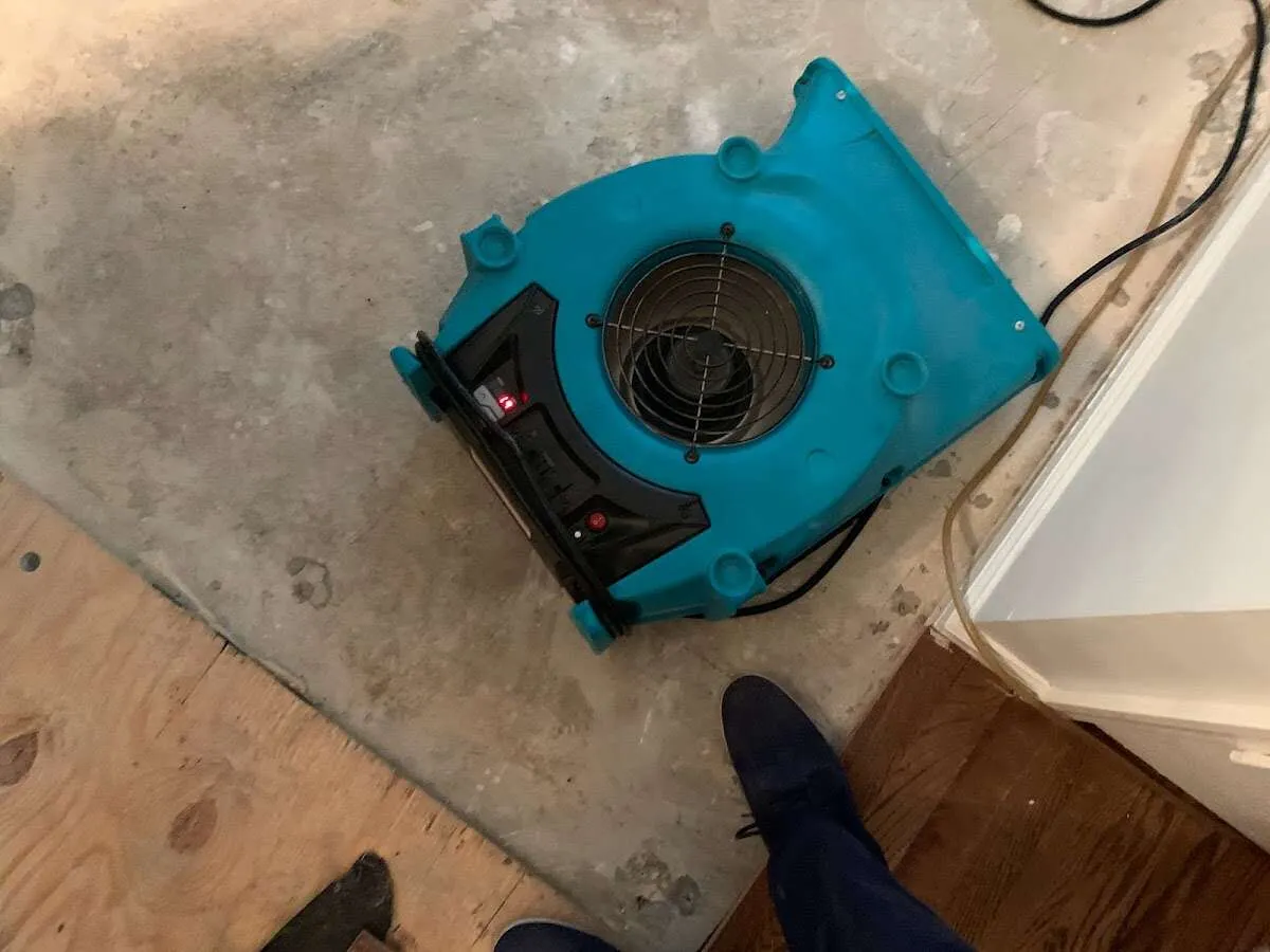 Air mover drying subfloor during Leak Detection & Repair in North Caldwell